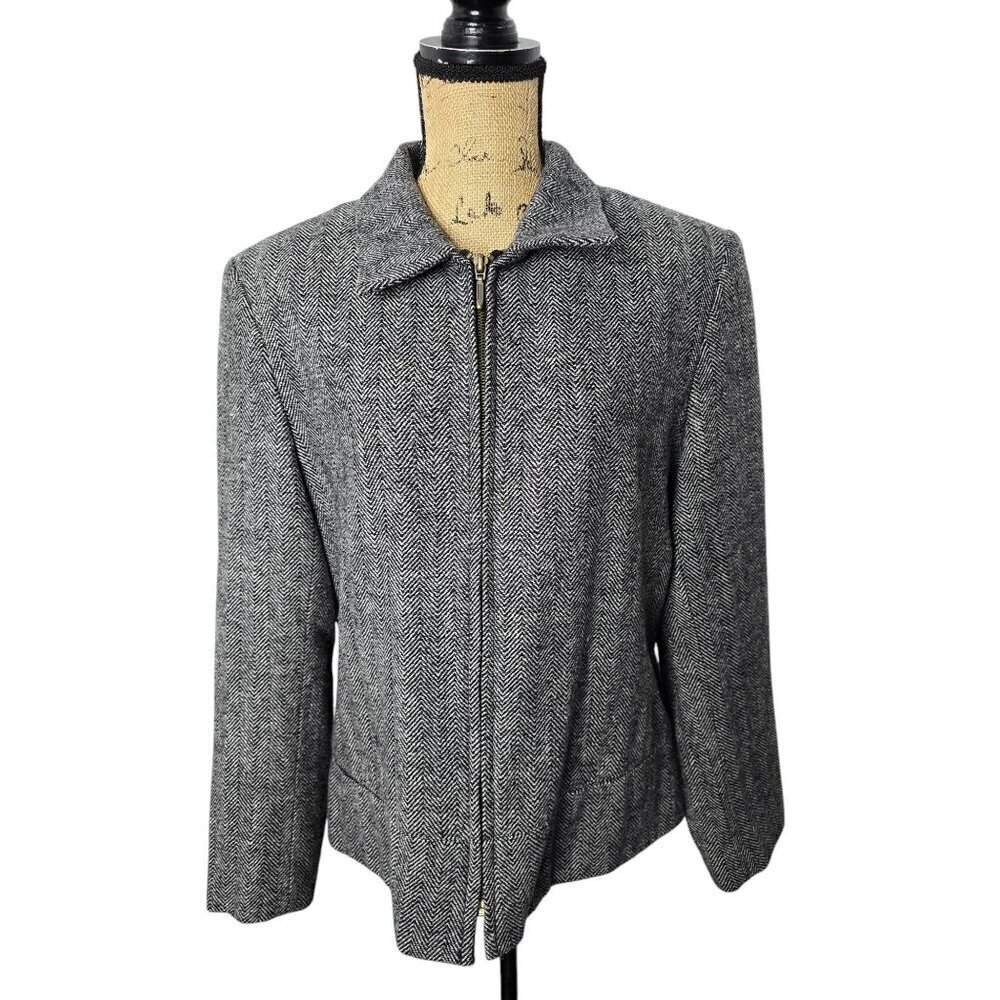 Sandro Black Herringbone Wool Zip Front Classic Blazer - Picture 1 of 12